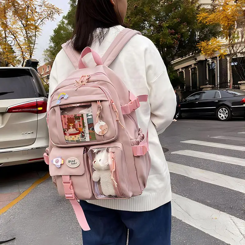 Kawaii Backpacks With Pendant Multi Pocket Kawaii Backpacks For Teen Girls Large Capacity Cute Bear Accessories Backpack For