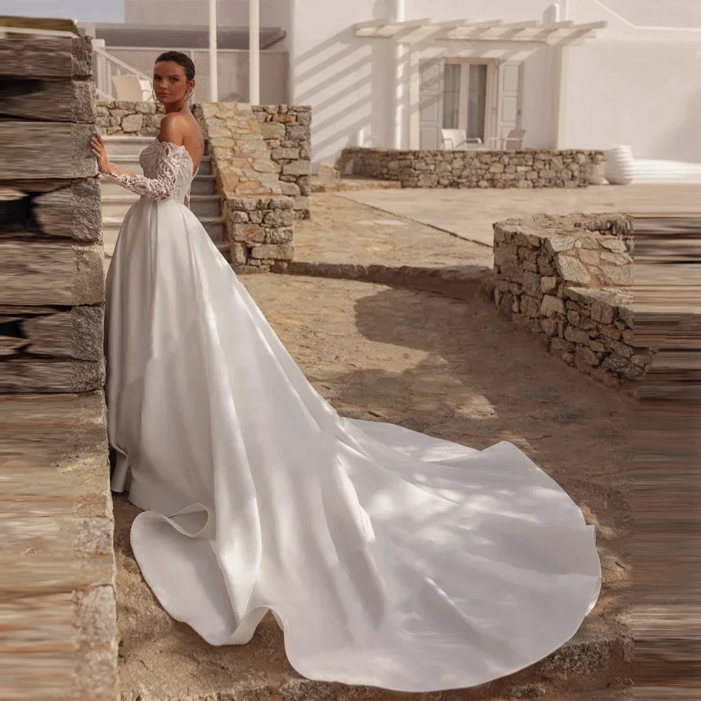 Maßgeschneiderte elegante A-Linie Satin Brautkleider für Frauen Spitze mit langen Ärmeln Brautkleid formale SpitzeApplique Vestidos De Novia