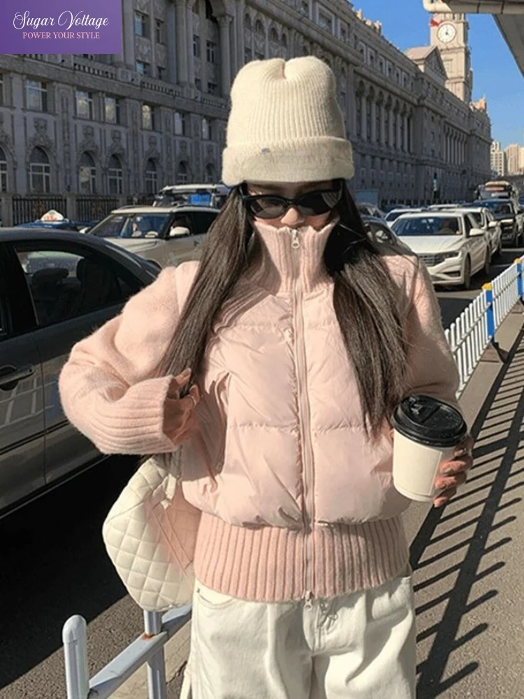 

Winter Korean Fashion Jacket Women Cozy Knit-Sleeve Zip-Up Cotton Coat Thick Warm Outerwear Casual Loose Insulated Winter Coat