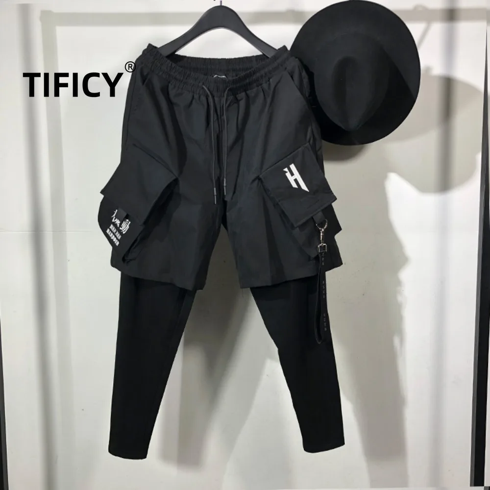 

Весенне-осенние мужские темные стильные брюки с несколькими карманами, искусственная рабочая одежда из двух предметов, повседневные спортивные брюки в уличном стиле в стиле хип-хоп