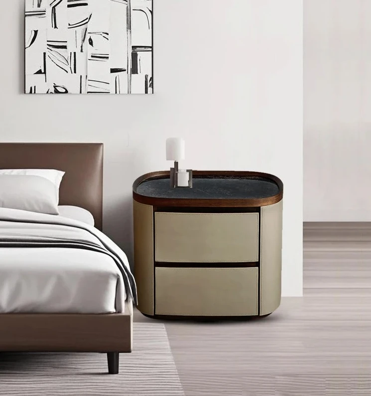 

Italian minimalist saddle skin rock slab bedside table bedroom storage solid wood bedside storage bedside table household