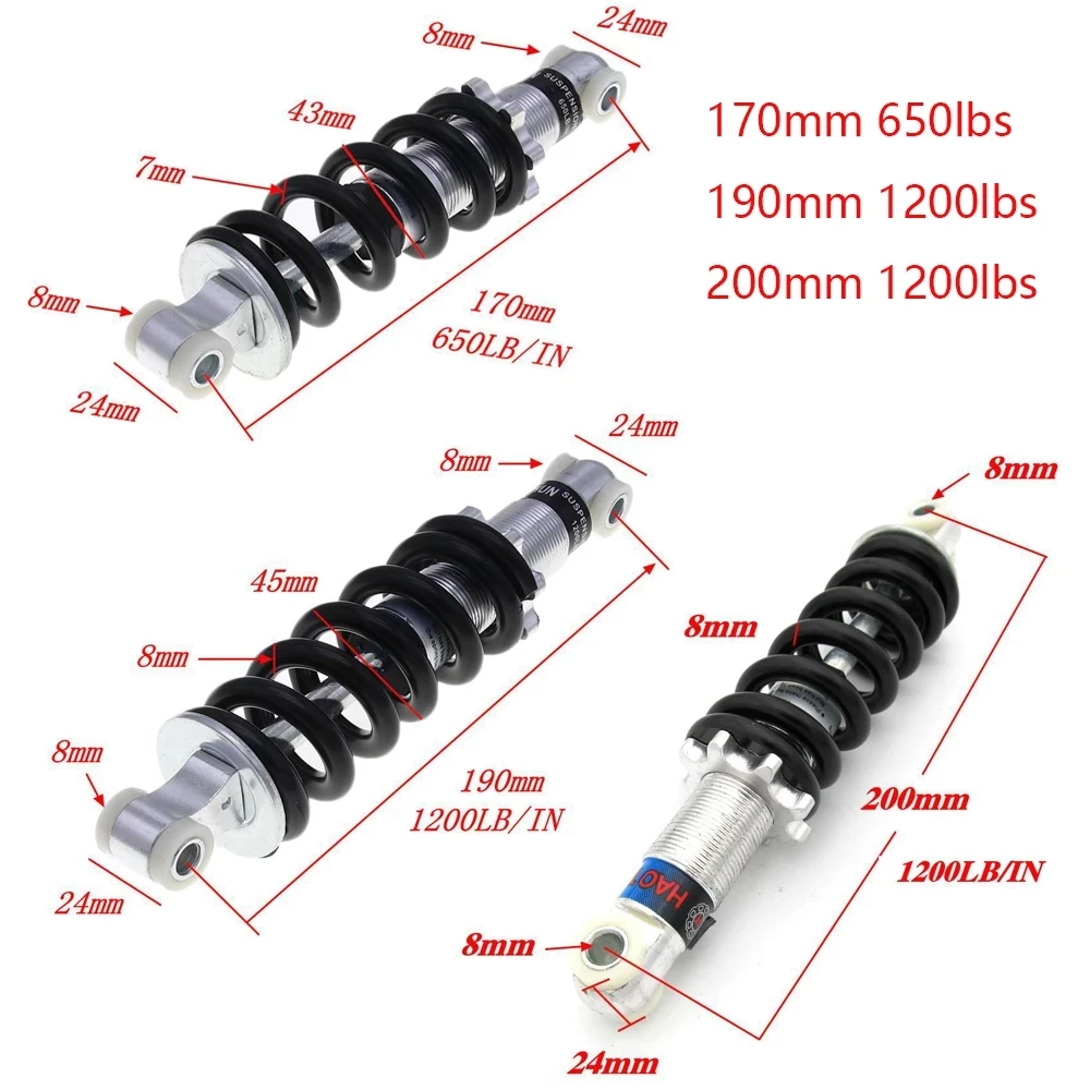 Rear Motorcycle Mini Suspension Shock Absorber Spring 650/1200LBS For 170/190/200mm 2 Stroke Engines Dirt Pit Bike ATV Go Kart