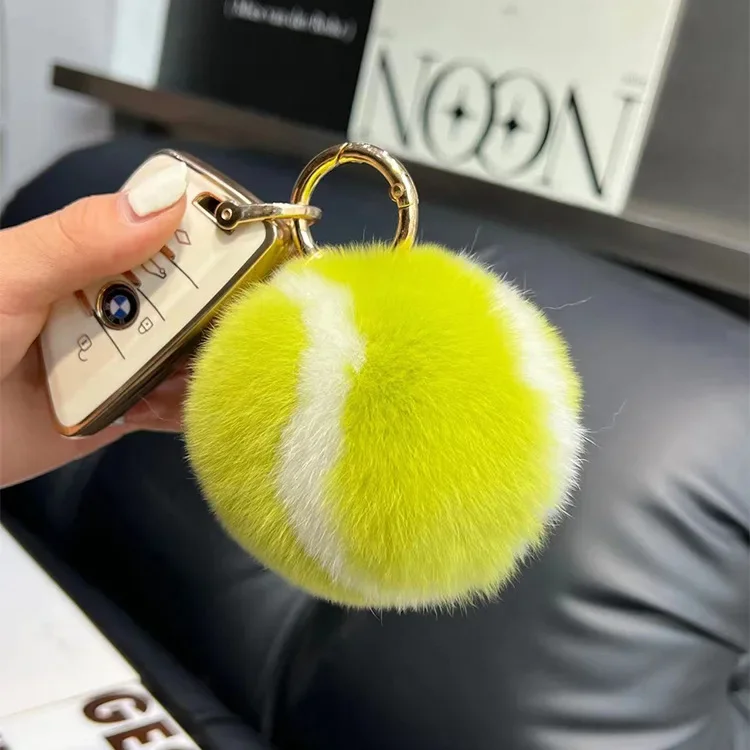 Cute Little Tennis Ball Real Rex Rabbit Fur Tennis Car Keychain Plush Ball School Bag Hanging Ornaments