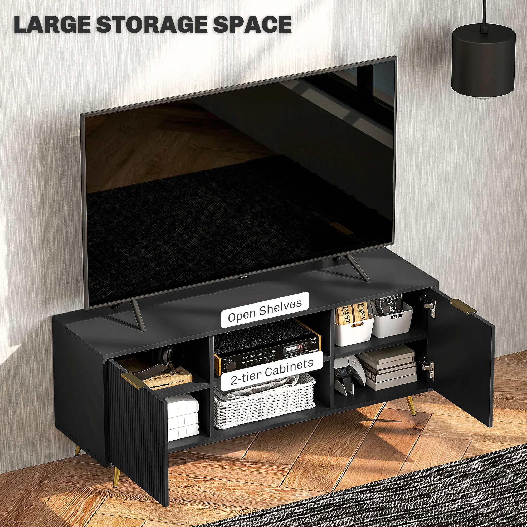 HOMCOM Modern TV Stand Cabinet with Storage for Living Room, Black