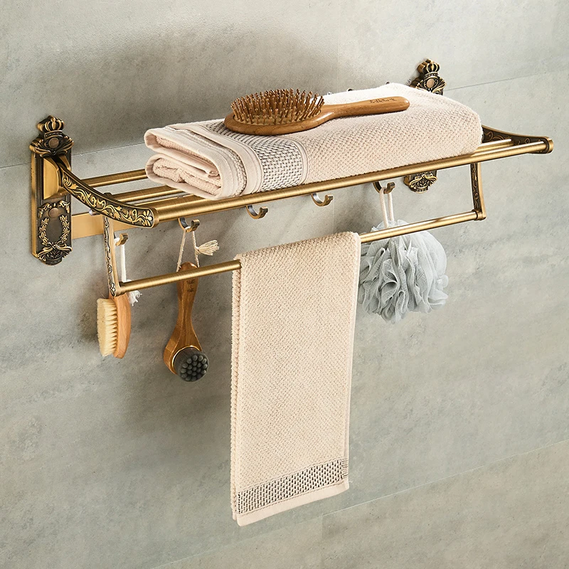 European Retro Towel Rack Aluminum Foldable Bathroom Towel Rail Double Towel Holder Bathroom Rack Shelf Shelves Classical Style