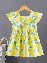 Vibrant Lemon Yellow Girl Short Sleeve Dress - Fresh Floral Pattern with Comfortable Cut