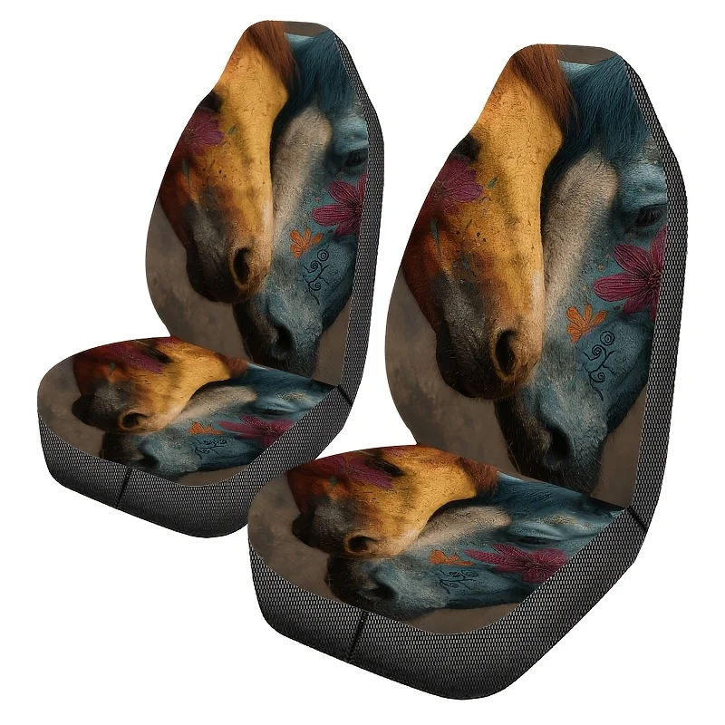 Two Colorful Horse Print Car Seat Covers, Easy To Clean, Unisex Front Seat Protectors For Cars, Stylish Automotive Additions, Su