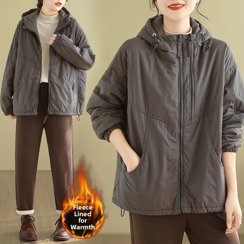 

Retro Winter Cotton Jaet Women's Loose Comfortable Dstring Hooded Thiened Cotton Filling Warm Coat Long Sve Zipper ...