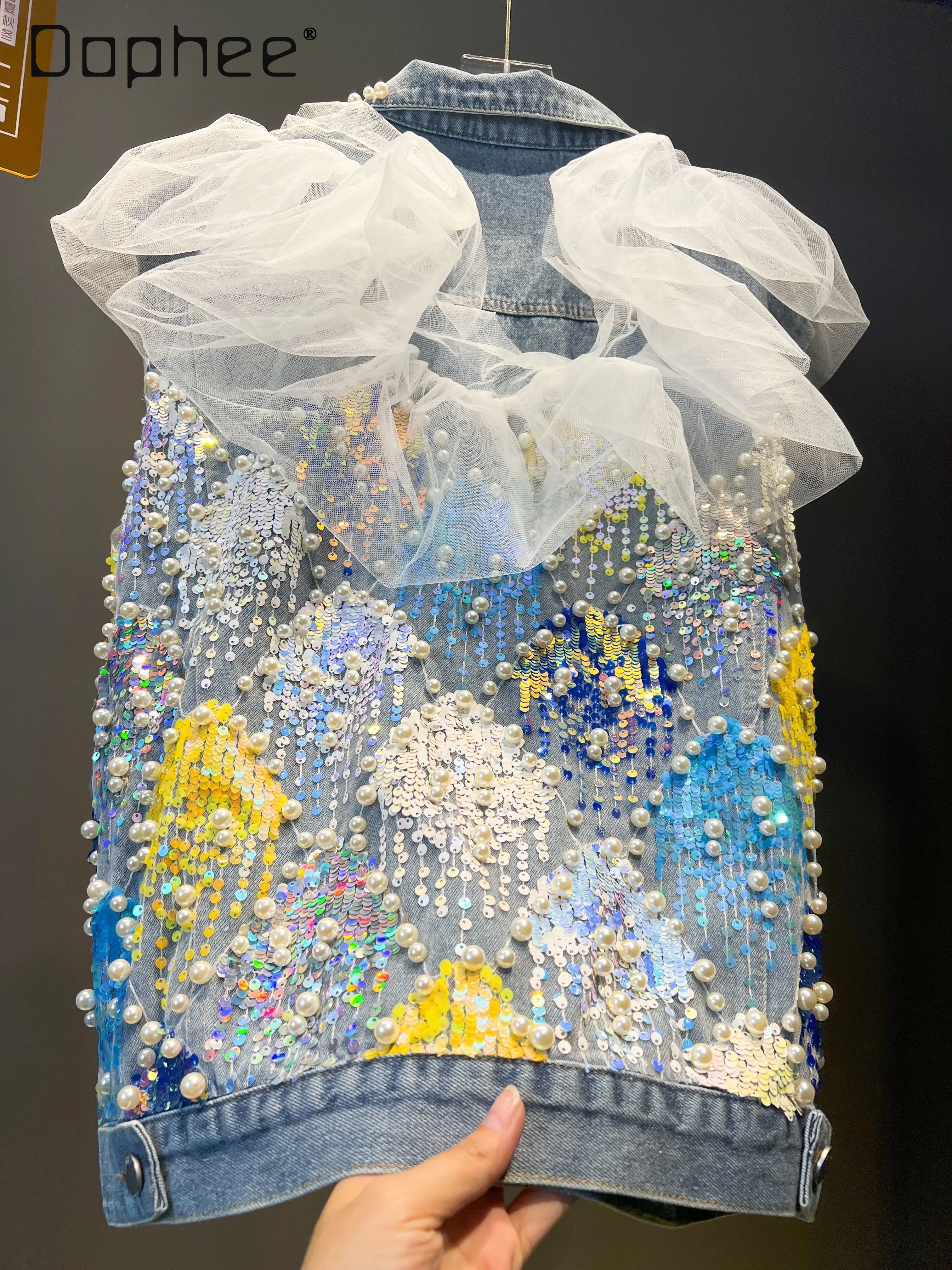 Moda pesada bordado lantejoulas malha renda casual moda magro solto denim lapela colete jaqueta outono nova rua sem mangas jaqueta