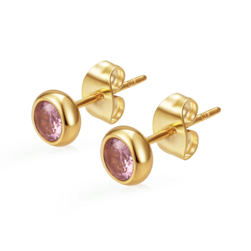 Klassische Edelstahl-Ohrstecker mit Zirkonia, runde Ohrstecker für Damen, Geburtsstein, goldfarben, kleine Huggie-Ohrringe, Alltagsschmuck für Frauen – Detail 12