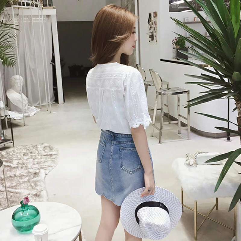 Women Summer Elegant Shirt Korean V-neck Flower Edge Lace Embroidery Puff Sleeve Cotton Blouse Female Top Oversized Sweet Top