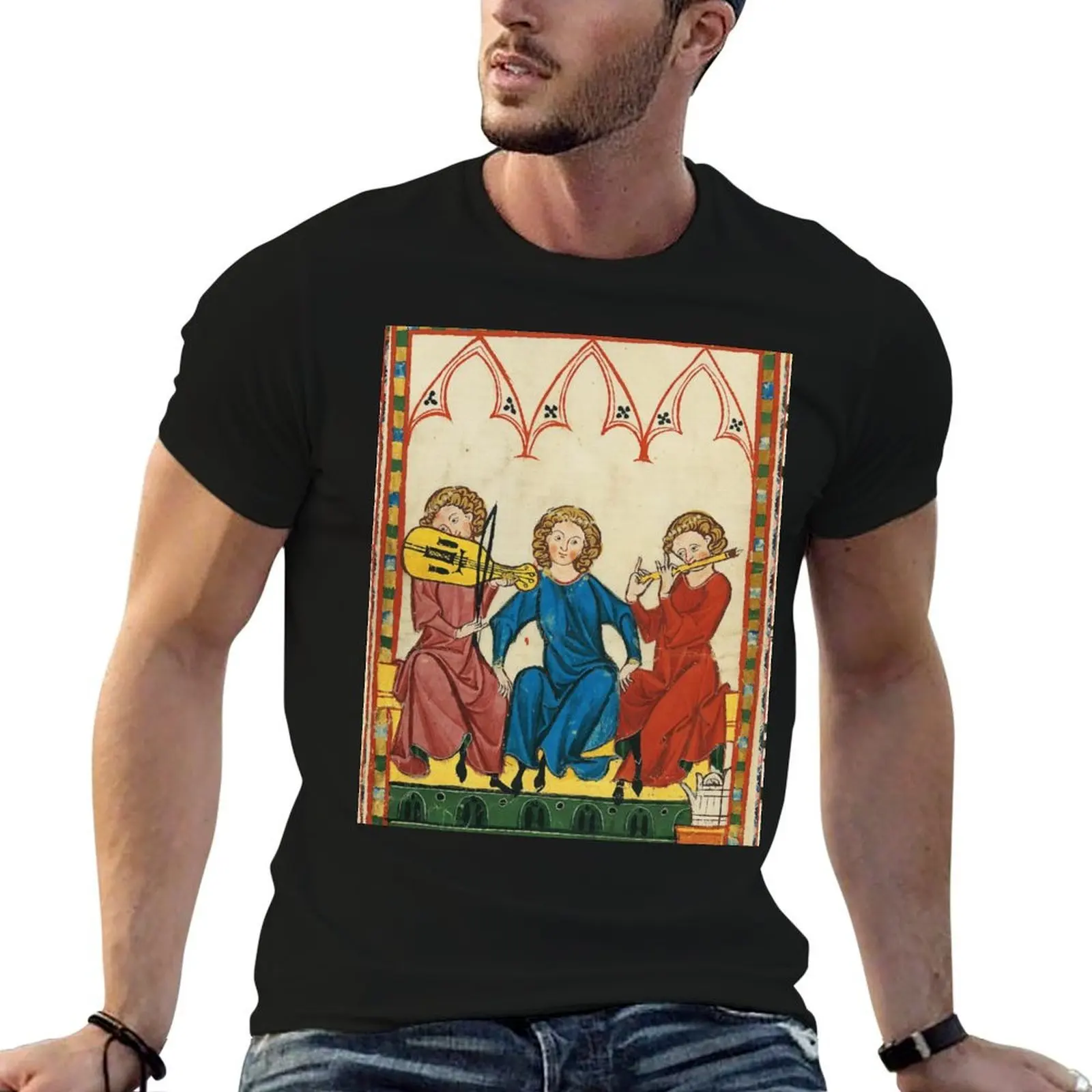 

MEDIEVAL MUSIC AND MUSICIANS ,ANTIQUE MINIATURE WITH WILD ROSES T-Shirt t shirt man designer man t shirt cotton T-Shirt