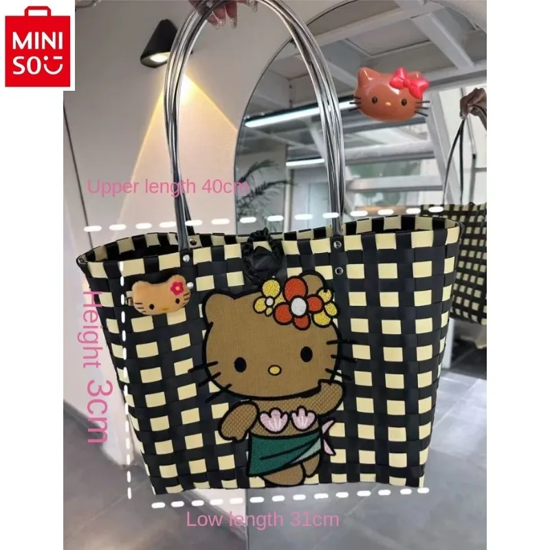 MINISO Hello Kitty High Quality Woven Handmade Large Capacity Vegetable Basket Bag for Women Sweet and Versatile Beach Bag