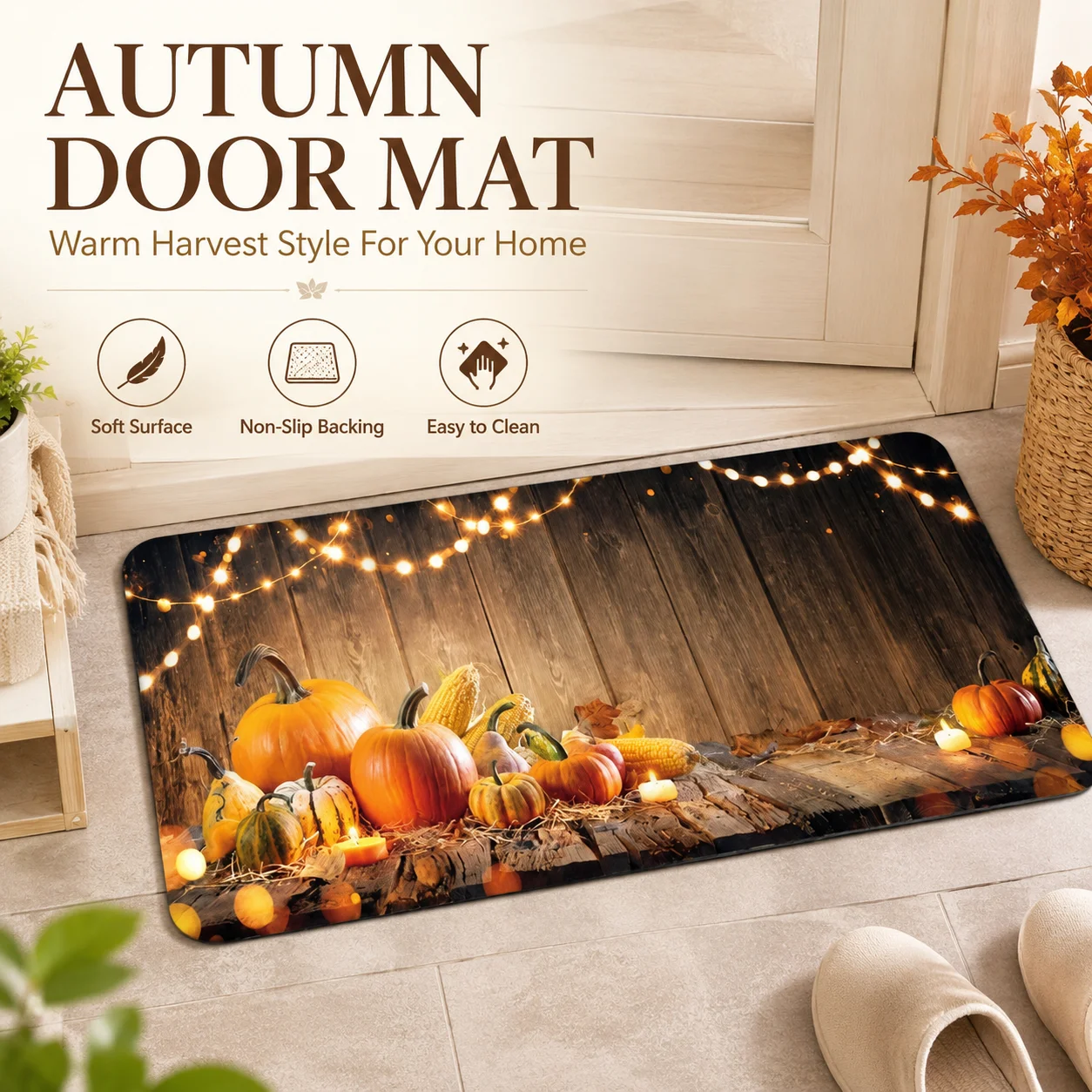 

Thanksgiving Pumpkin 2D Flat Printed Felt Door Mat Fall Harvest Wooden Entrance Rug Anti Slip Indoor Floor Carpet For Hallway