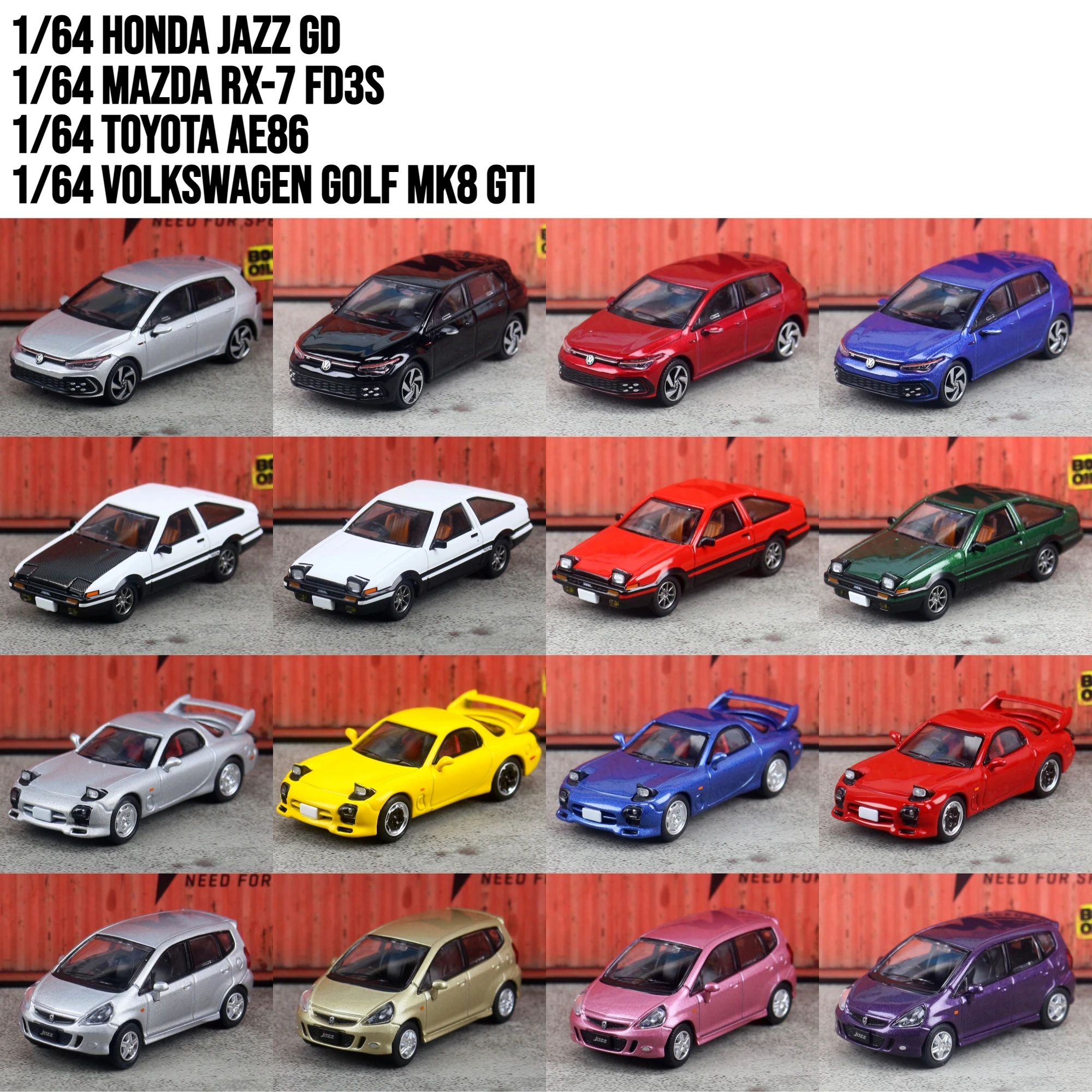 

Машинки-модели 1:64: Mazda RX-7, Honda Jazz, Volkswagen Golf, AE86. Коллекционные игрушки с вращающимися колесами. Подарок для детей и мальчиков.