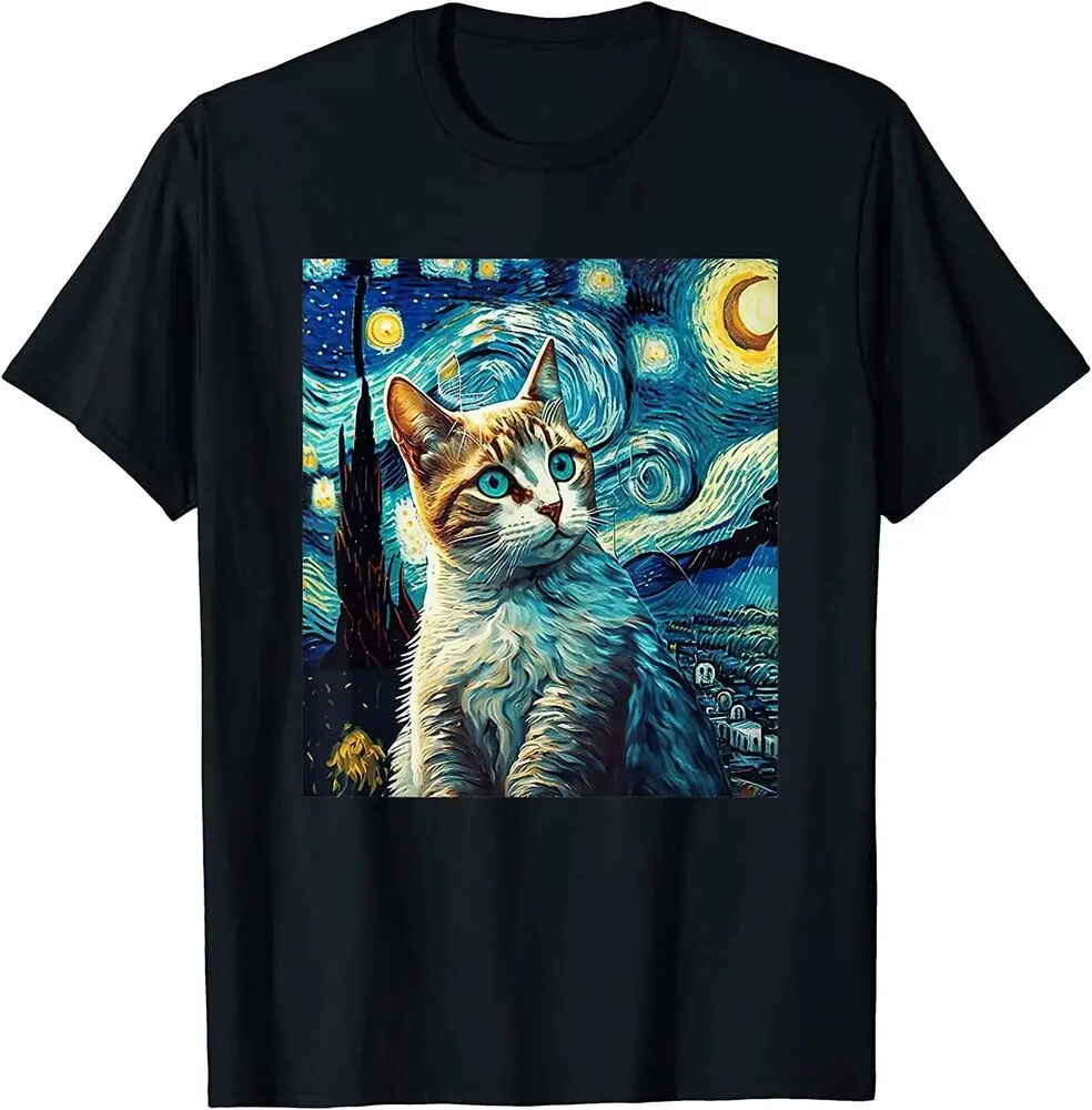 

NEW! Starry Night Cat Painting For Cat Mom and Dad T-Shirt Tees High Quality 100%Cotton Short Sleeve