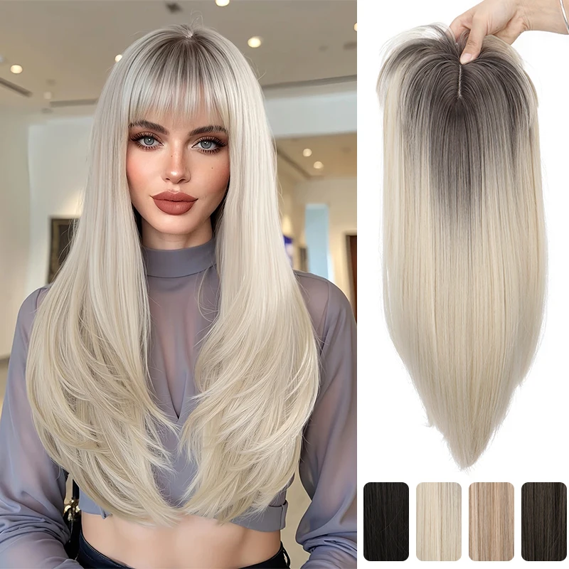 

Синтетические заколки для наращивания волос с челкой: длинный прямой шиньон высокой температуры, подходит для женщин с тонкими волосами