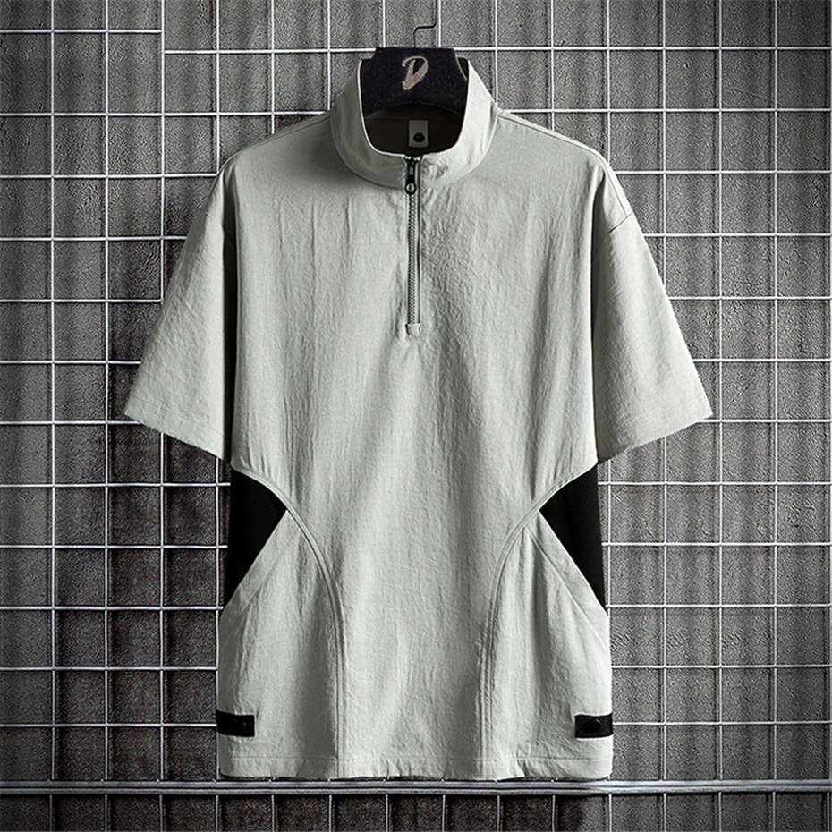 Summer Half Zipper Shirt Men 8XL Plus Size Short Sleeve Shirt Fashion Casual Patchwork Cargo Shirt Male Big Size 8XL