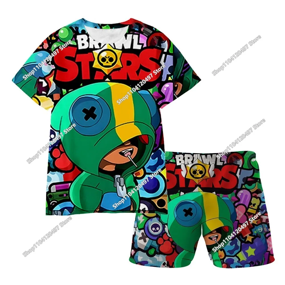 Nuevo Conjunto de Camiseta y Pantalones Cortos para Niños, Diseño de Dibujos Animados, Brawl Stars, Verano, Pijamas de Manga Corta para Niñas y Niños