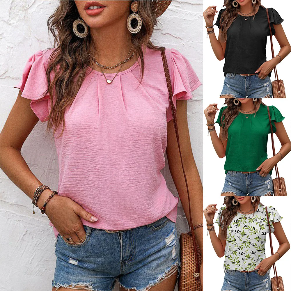 2024 Women's Summer Top New Leisure Round Neck Pleated Chiffon Ruffle Sleeve Top Female Top Female Loose Tees Women's Top