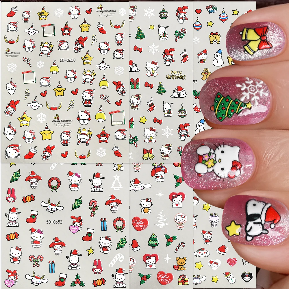

6 шт. 5D Рождественский мультфильм HelloKitty Kuromi наклейки для ногтей милые аниме Мелодия Kitty Cat наклейка зимние рождественские слайдеры для дизайна ногтей