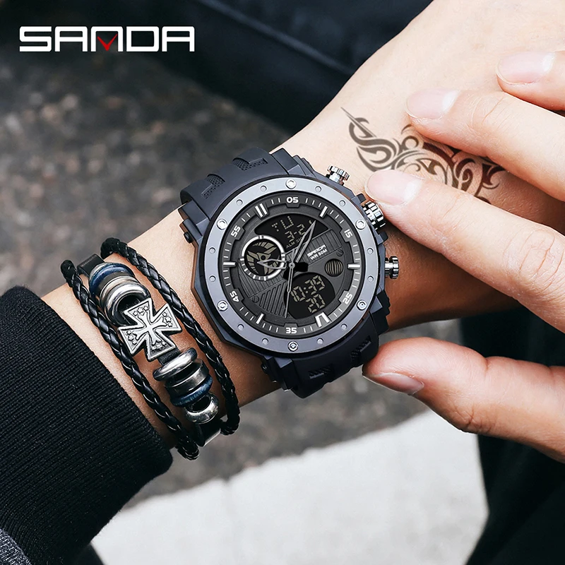 SANDA Quartz Watch Men Army Green 50M Waterproof Silicone Strap Sports Watches Luminous Digital Display Relogio Masculino 6012