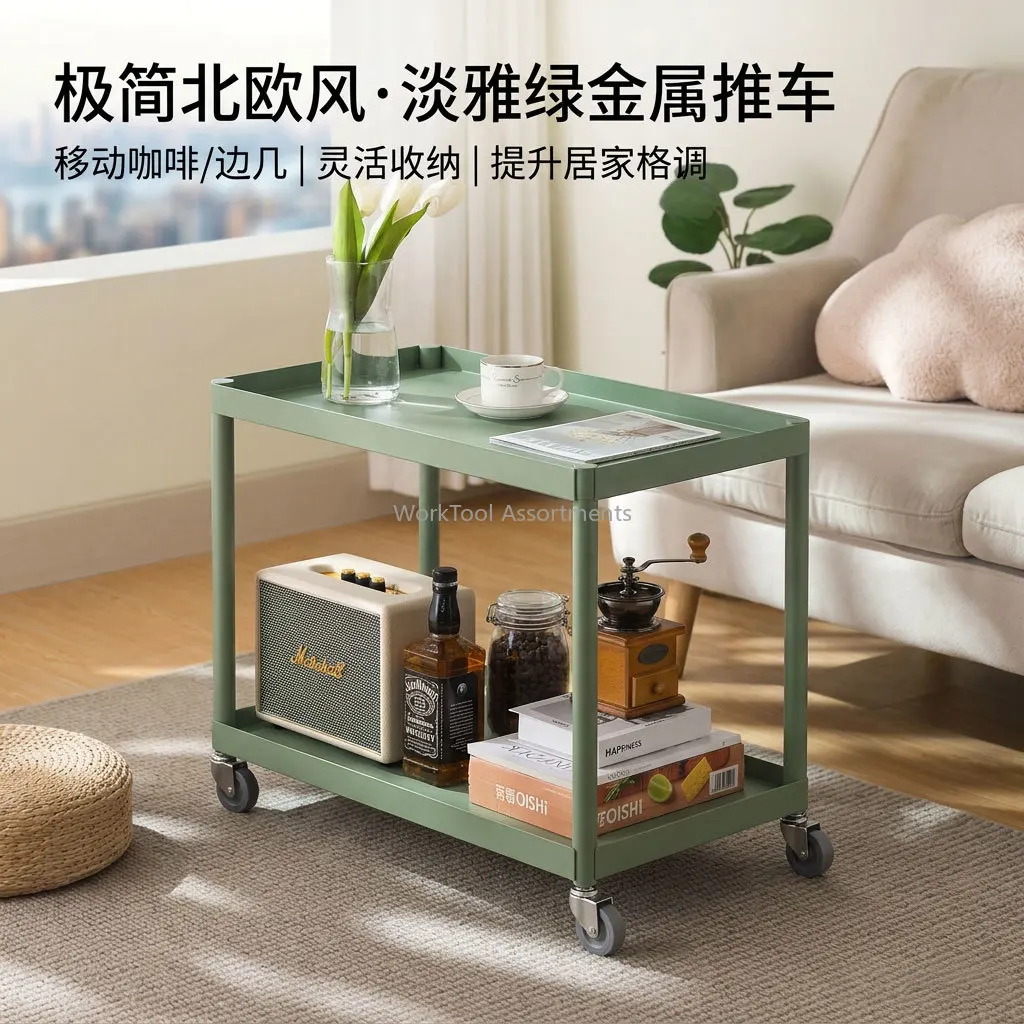 2‑Tier Rolling Cart Mobile Side Table With Lockable Wheels Metal Storage Trolley for Sofa Bedroom