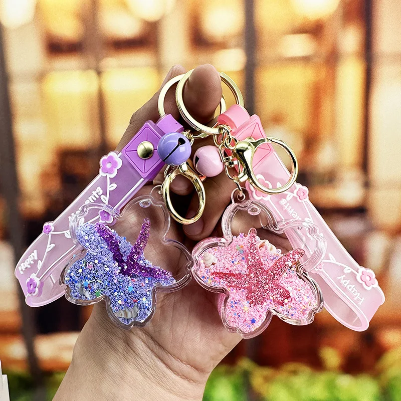 Creative Acrylic Cherry Blossom Keychain Floating Quicksand Starfish Pendant Cute Cartoon Backpack Accessory Gift