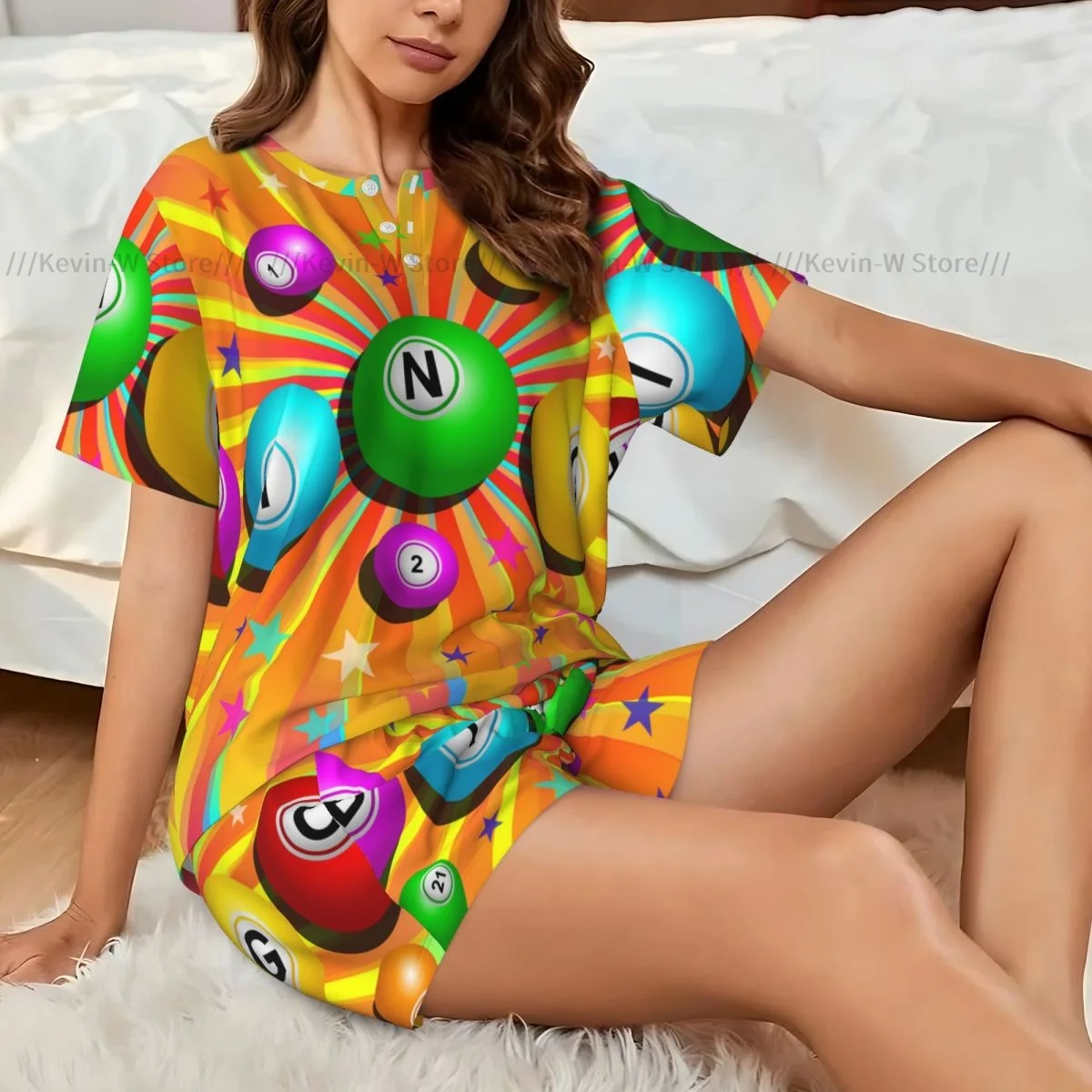 Women Pajamas Set Bingo Balls Colorful Homewear Two-Piece Short-Sleeved Short