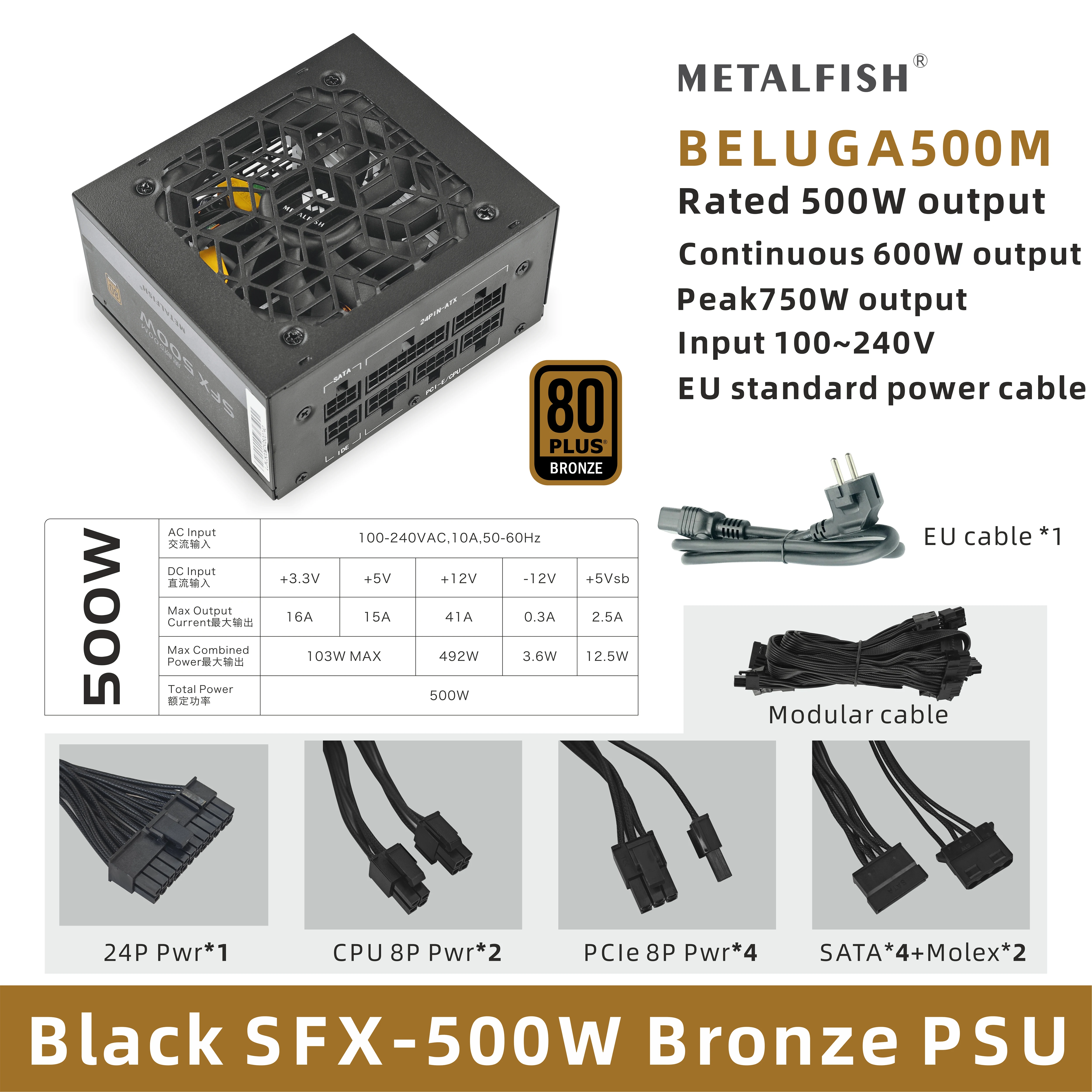 METALFISH SFX 80Plus Brons 500/600W PSU Zwart Voeding Volledig Modulair Voor Mini ITX Chassis Kleine Computerkast 100/240V Ingang