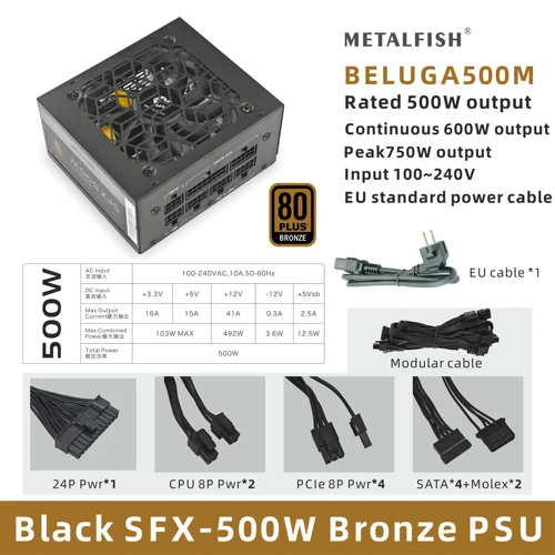 Imagen 2 del producto METALFISH SFX 80Plus bronce 500/600W PSU fuente de alimentación negra Modular completo para Mini chasis ITX caja de ordenador pequeña entrada de 100/240V