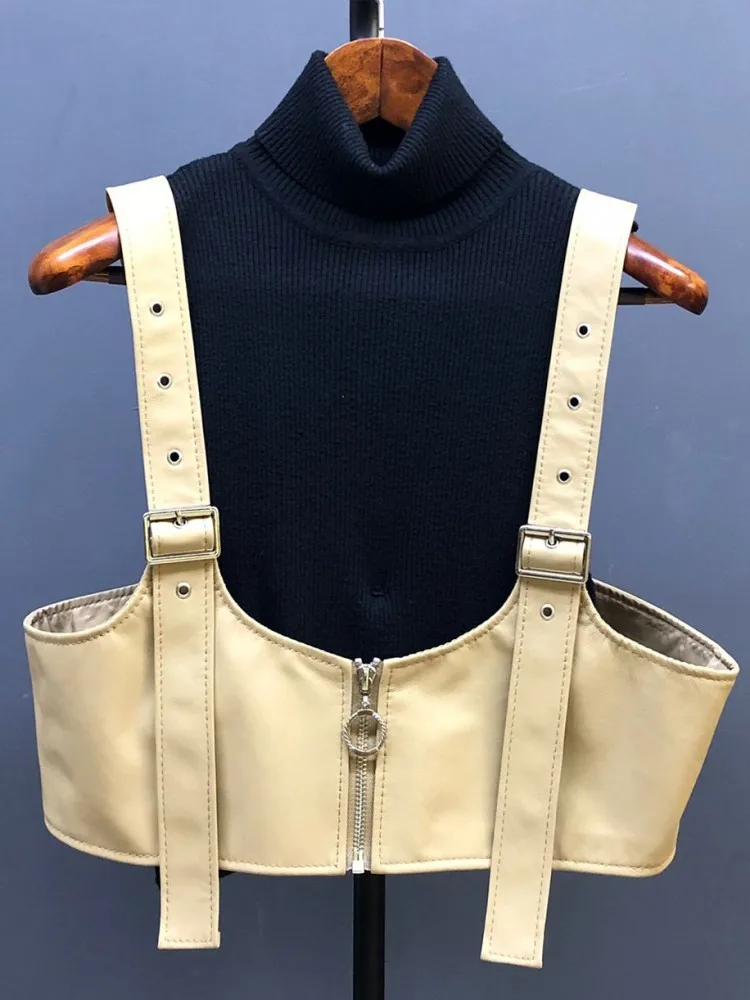 Office Leisure Suspenders Solid Color Genuine Leather Short Vest Fashion Round Neck Zipper Sheepskin Women Sleeveless Jacket