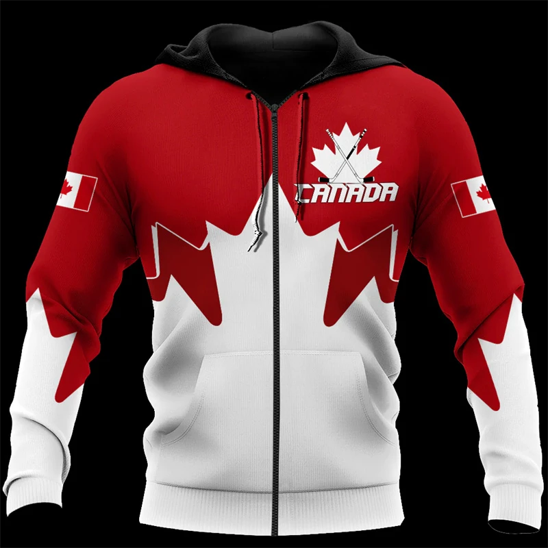 Casual Canadian Flag Pattern Zipper Hoodies Fashion Trend Long Sleeve Mens 3D Printed Sweatshirt Loose Streetwear Pullovers