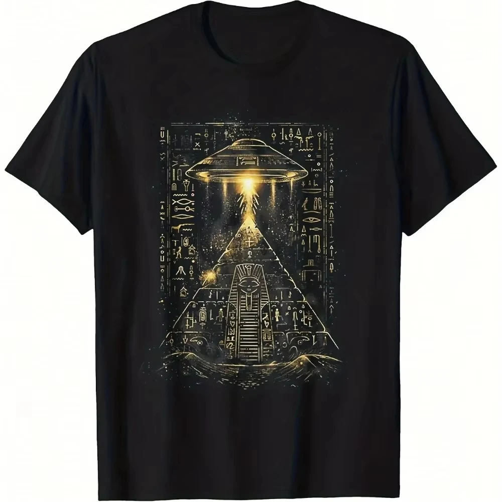 100% Cotton Alien Pyramid Golden Hieroglyphics Printed T-Shirt Crew Neck Casual Unisex Tee Women Vintage Fashion Daily Tops