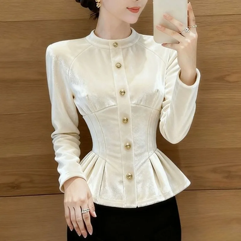 

Autumn Designer Top Korean Style High-end Stylish White Velvet Waist Shirt Round Neck Long-sleeved Top
