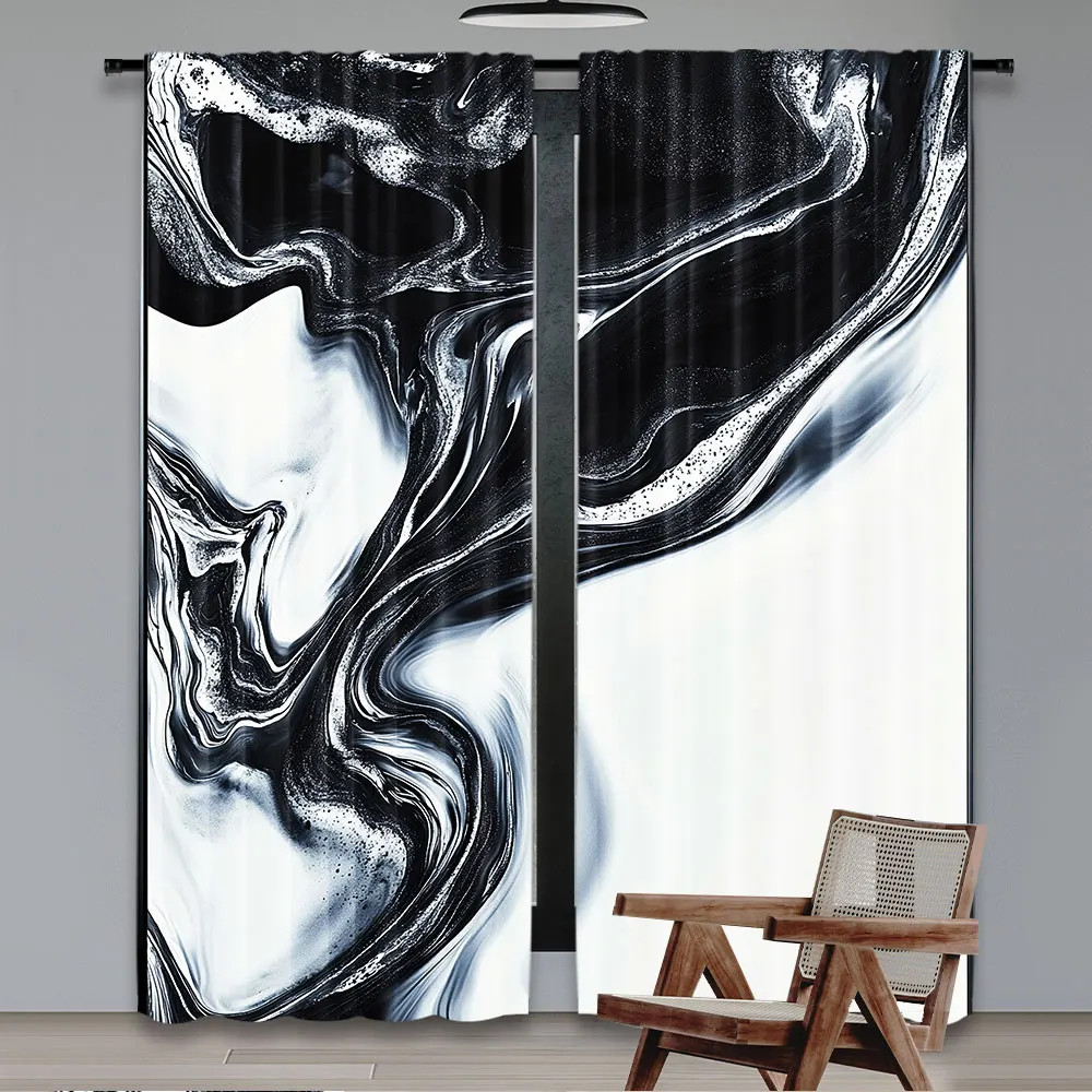 2Pcs Black And White Curtain Trippy Mix Of Colors Unusual Forms Creative Paintbrush Suitable For Bedroom Bathroom Living Room