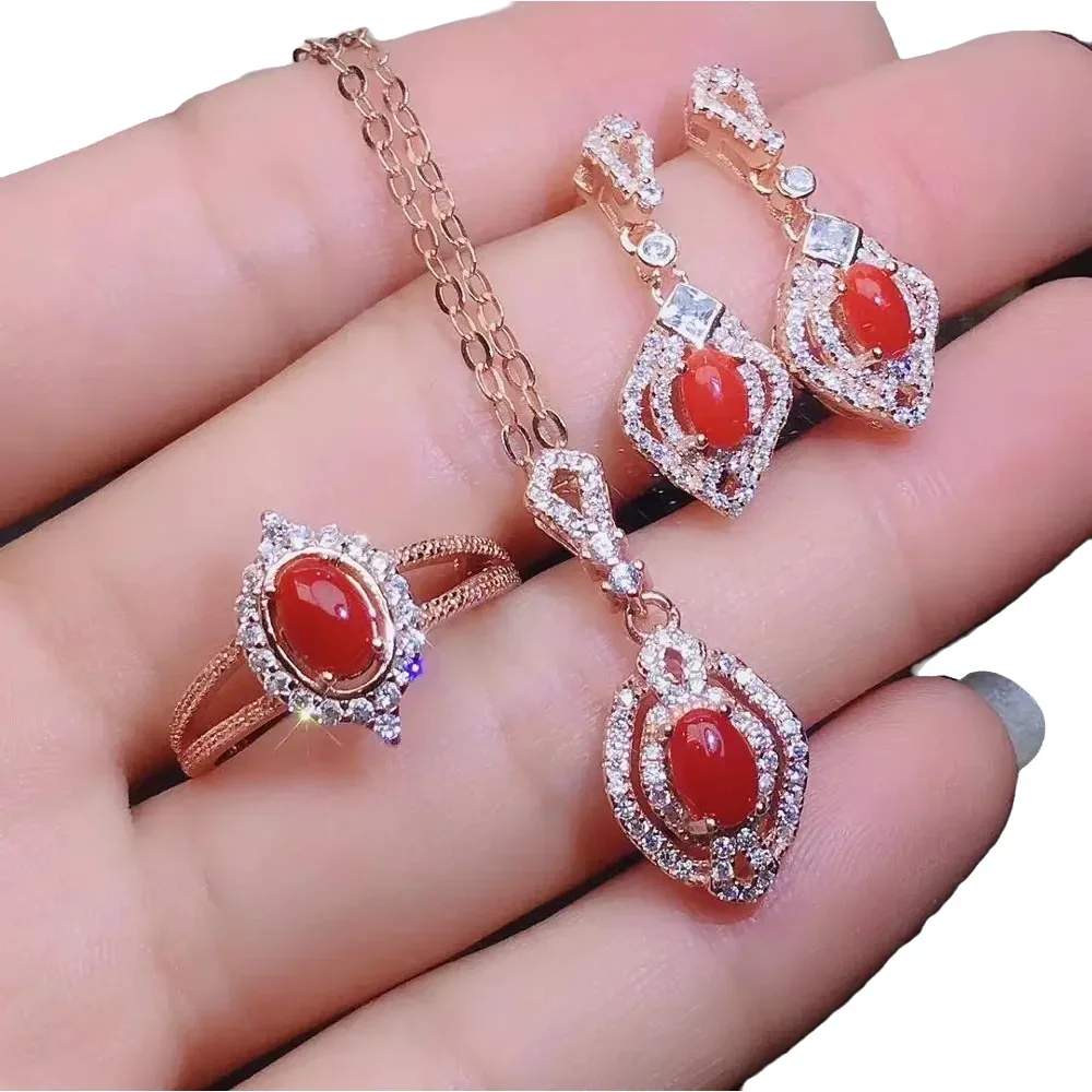 

KJJEAXCMY-925 Sterling Silver Inlaid Natural Gemstone Red Coral Ring, Pendant Earring Set, Exquisite Jewelry, Supports Test