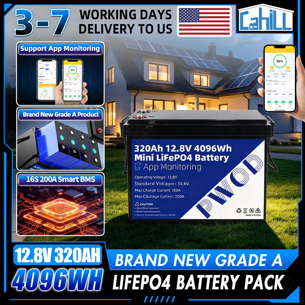 APP Monitoring 12V 320Ah LiFePO4 Battery Pack Built-in 4S 200A BMS 8000 Cycles Lithium Iron Phosphate Cell DIY 24V 48V For RV Solar Home energy storage Camping Golf Cart Backup Power