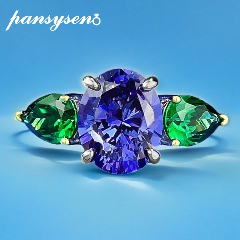 PANSYSEN Vintage 925 Sterling Silver 8x10MM Oval Cut Tanzanite Emerald Rings for Women Men Anniversary Fine Jewelry Wholesale