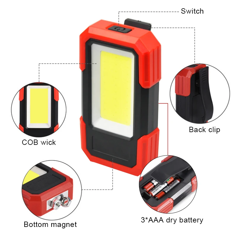 600LM COB LED Camping Emergency Flashlight 3AAA Work Light Magnetic Inspection Lamp 3Modes Hunting Fishing Torch Lamp