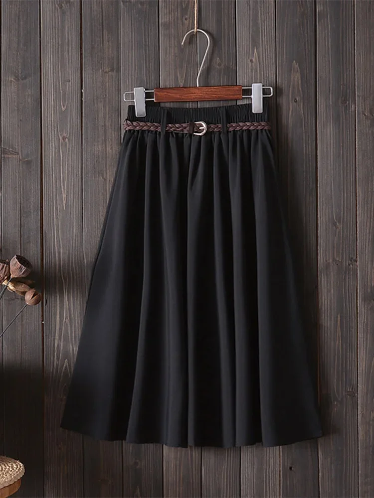 

Knee Length Summer Skirt Women With Belt Fashion Korean Ladies High Waist Pleated A-line School Skirt Female