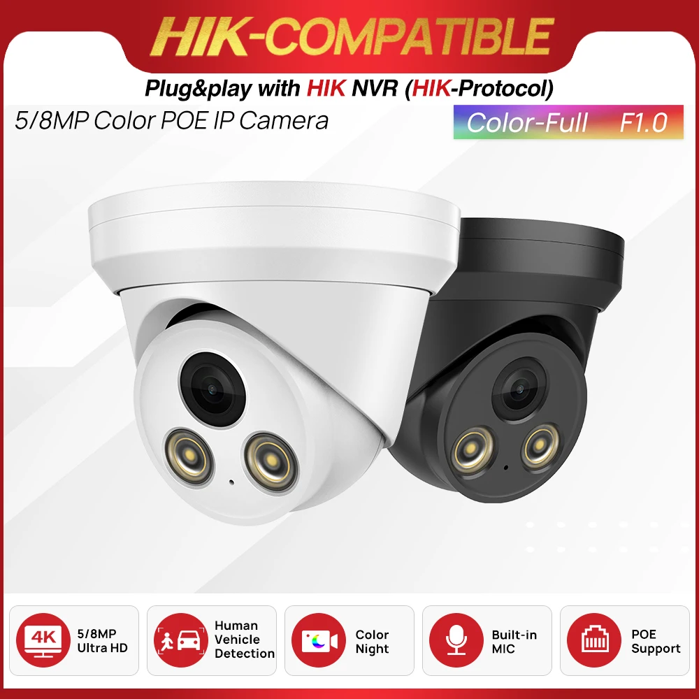 Hikvision Compatible 4K ColorVu IP Camera Color Night Colorful 8MP 5MP Build in MiC PoE Security CCTV H.265 Black Color