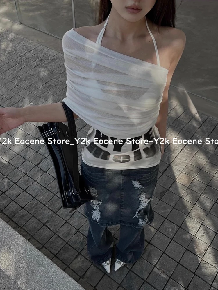 Y2k Streetwear Two Pieces Set Women Irregular Hollow Out Letter Mini Dress + Aesthetic Sexy Halter Bandage Vest Harajuku Outfits image 3