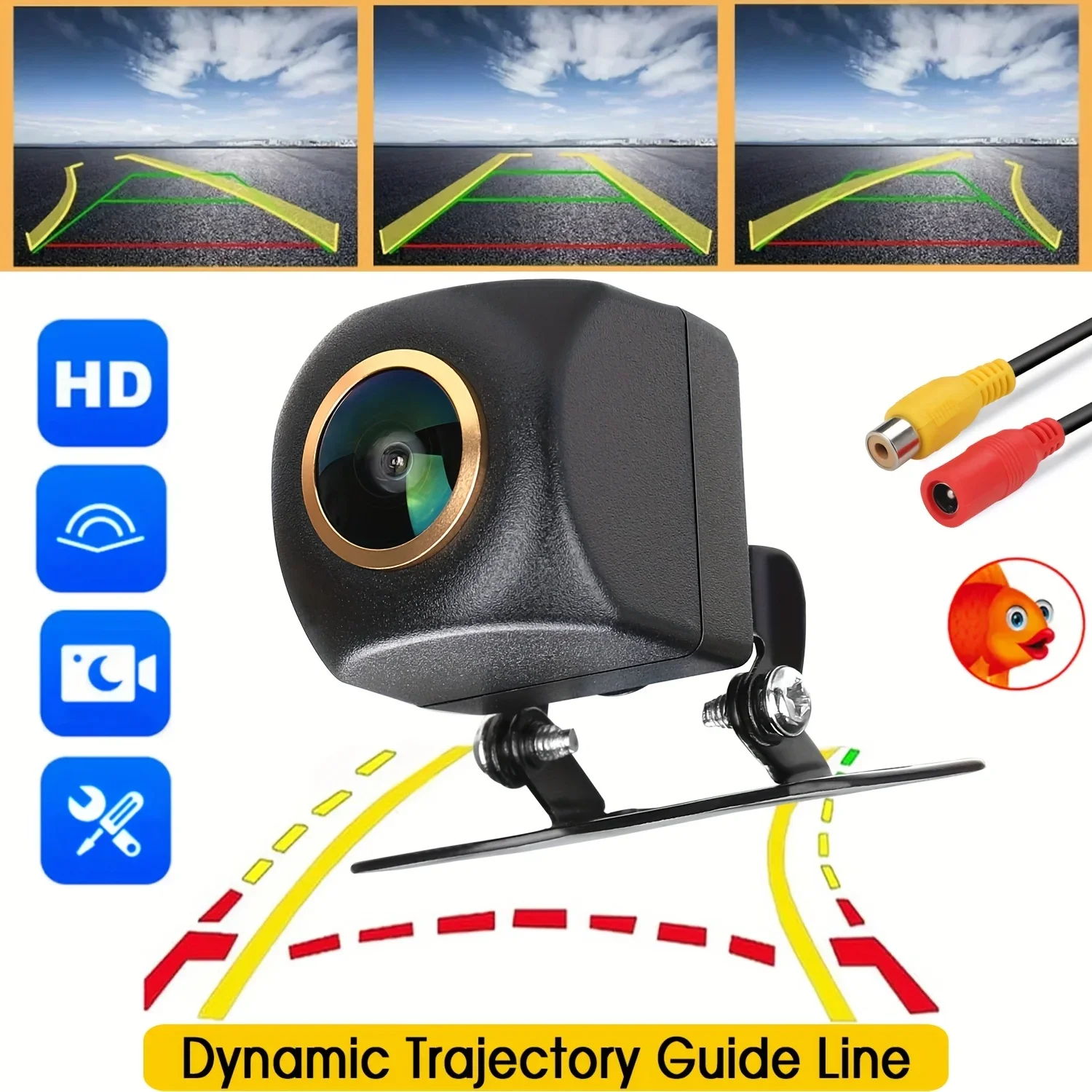 HD 170° Wide Angle Fisheye Backup Camera with Dynamic Trajectory Guide Lines–Full Color Night Vision for Cars, Trucks, SUVs, RVs