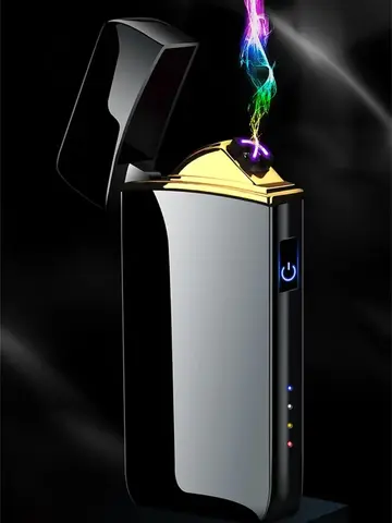 2024 New Windproof Electric Metal Lighter Double Arc Flameless Plasma Lighter USB Rechargeable LED Power Display Touch Sensor