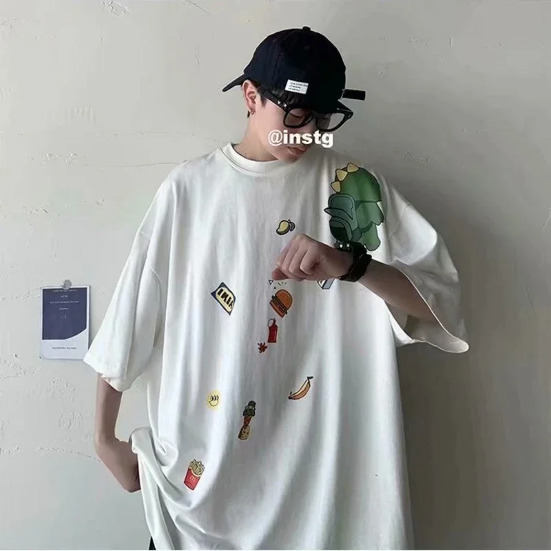 M-8XL Men Oversized Korean Fashion Loose American Cute Dinosaur Print Versatile Trend Couple Outfit