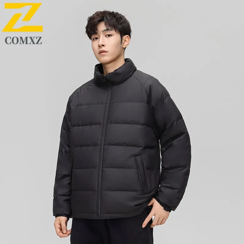 COMXZ Winter Men Down Jacket Classic Hooded White Duck Down Warm Windproof Coat Fashion Commute Office Lightweight Parka 2025