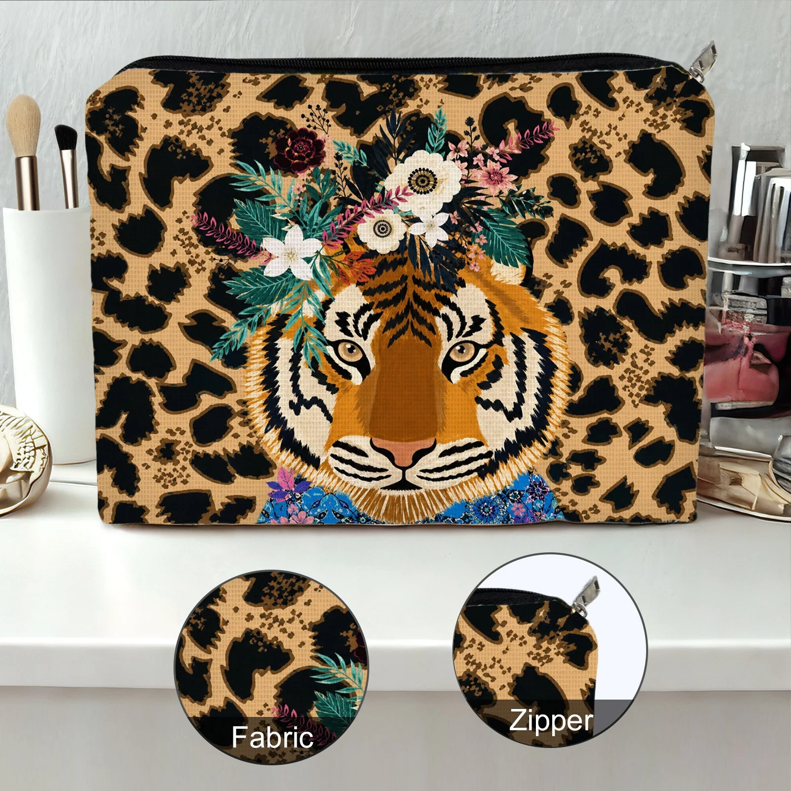 Fashionable Tiger Leopard Print Corduroy Makeup Bag with Zipper, lightweight Multifunctional Cosmetic Storage Bag with Lining