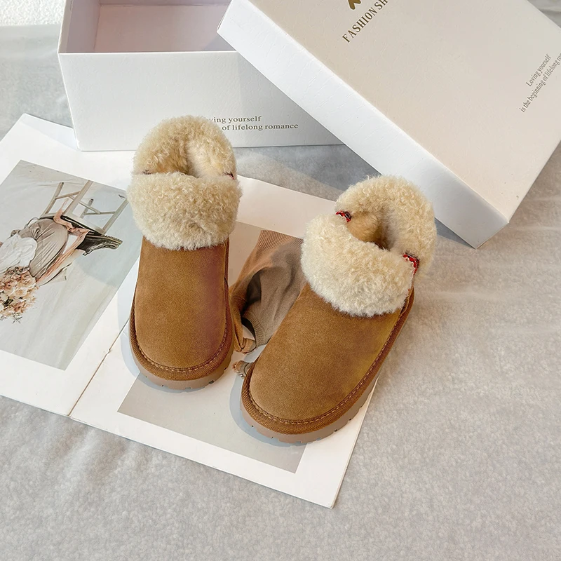 Kid's Classic Fur Snow Boots Children Genuine Suede Leather Shorts Boot Shoes Girl Mini Fashion Chestnut Keep Warm Cotton Boots