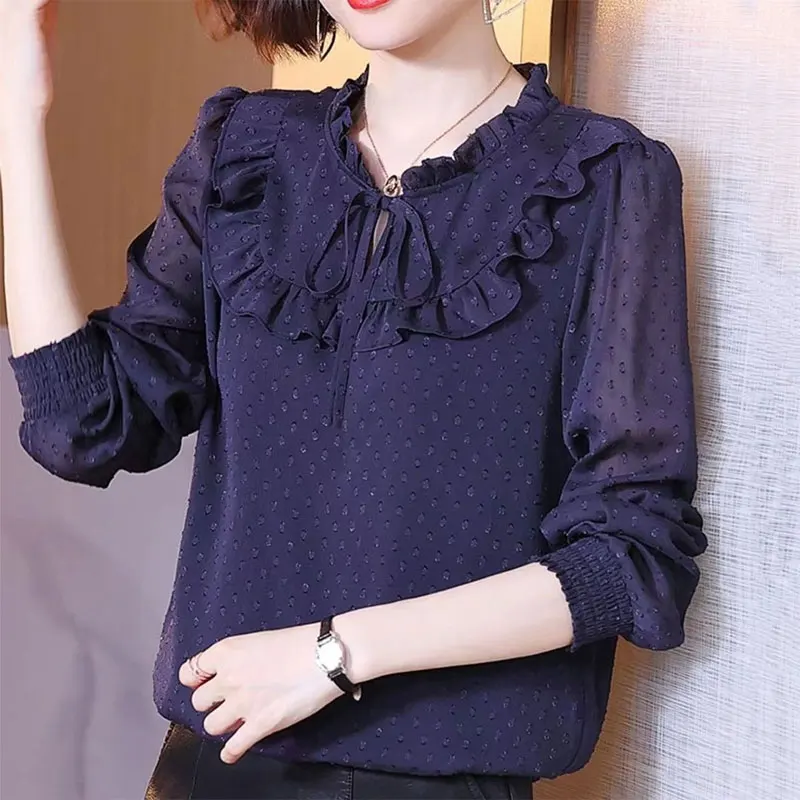 Women\'s Clothing Casual Polka Dot Round Neck Shirt Stylish Ruffles Drawstring Spring Autumn Spliced Shirring Long Sleeve Blouse